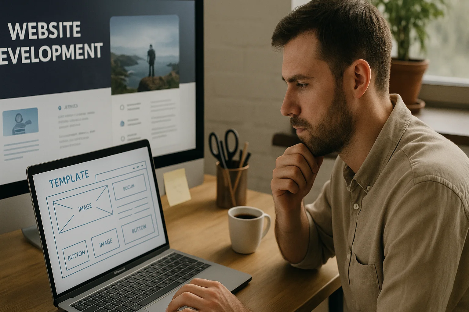 A focused web designer working on a custom website layout and wireframe, illustrating the process of bespoke website design and development in a modern workspace.